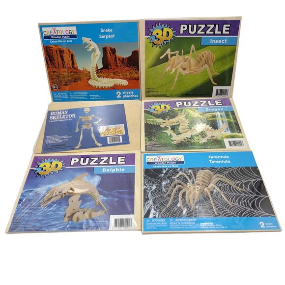 Lot of 6 3D Wood Puzzles for Kids Snake Insect Skeleton Dragon Dolphin Tarantula - Picture 1 of 2